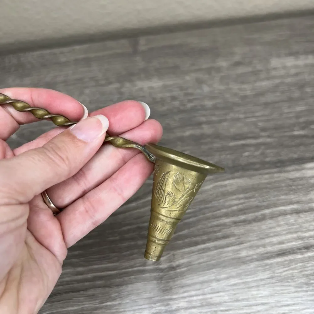 Vintage Brass Cone Shape Candle Snuffer Floral Design Spiral Stem